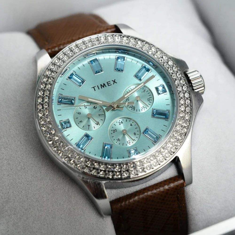 Timex Ladies Kaia 40mm Blue Crystal Dial Women's Watch Leather Band TWH6Z5910VQ